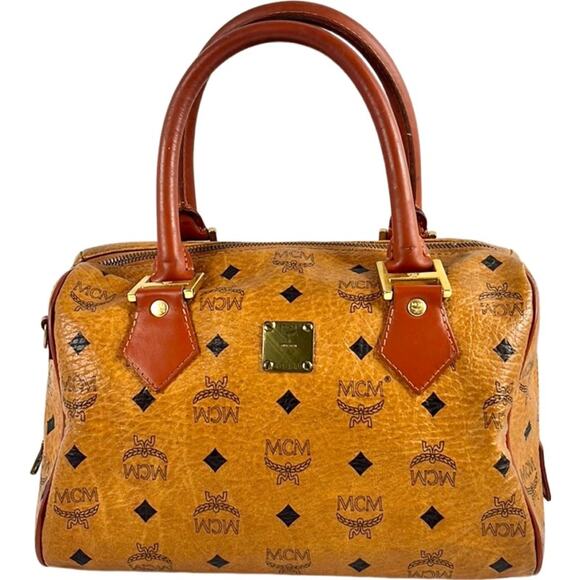 MCM Cognac Visetos Coated Canvas Heritage Boston Bag